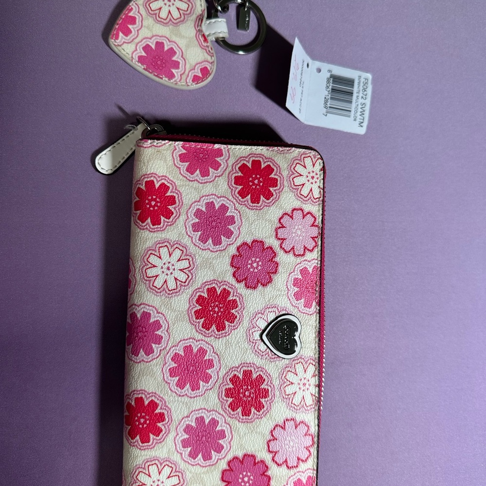 Coach Floral Pink and White Wallet with Heart Keychain